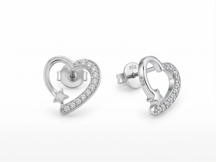 Silvme Pure 925 Sterling Silver Heart & Star CZ Stud Earrings for Women