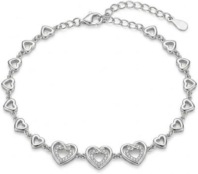 Silvme 925 Sterling Silver Heart Link Bracelet for Women | Valentine CZ Charm Bracelet