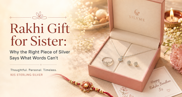 Raksha Bandhan silver jewellery gift set with a necklace, ring, earrings, rakhi, flowers, and SILVME gift box.