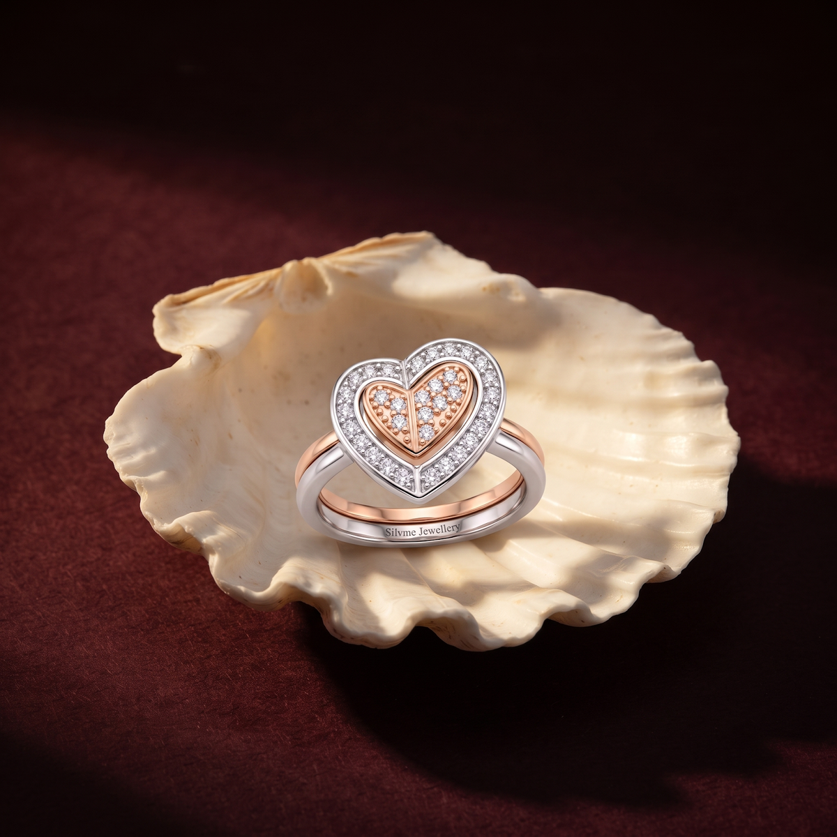 Silvme Heart Halo with cubic zirconia 925 sterling silver heart ring for women, two-tone rose gold and silver, dainty ring for women, minimal silver ring, on-hand styling view