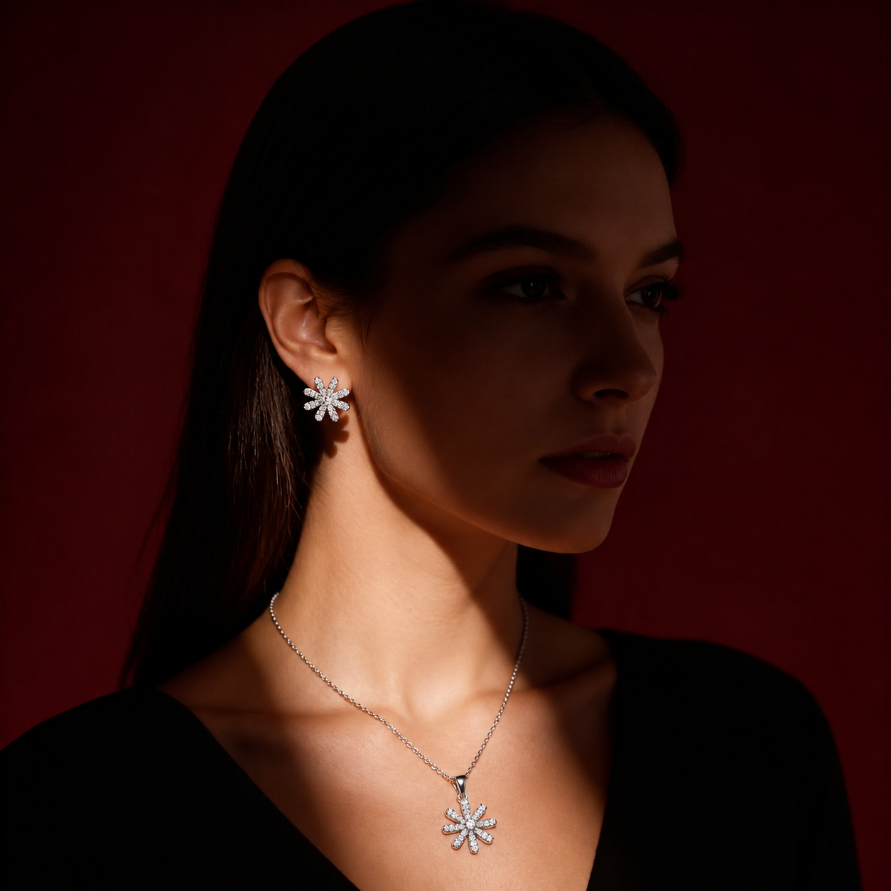 Floral Flower 925 sterling silver pendant and stud earrings jewellery set with cubic zirconia by Silvme â€” styled product image