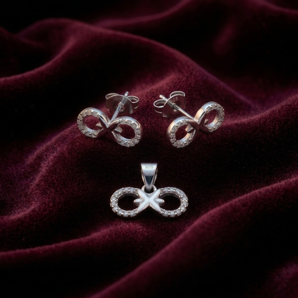 Silvme 925 silver ribbon bow pendant and stud earrings with cubic zirconia, close-up detail