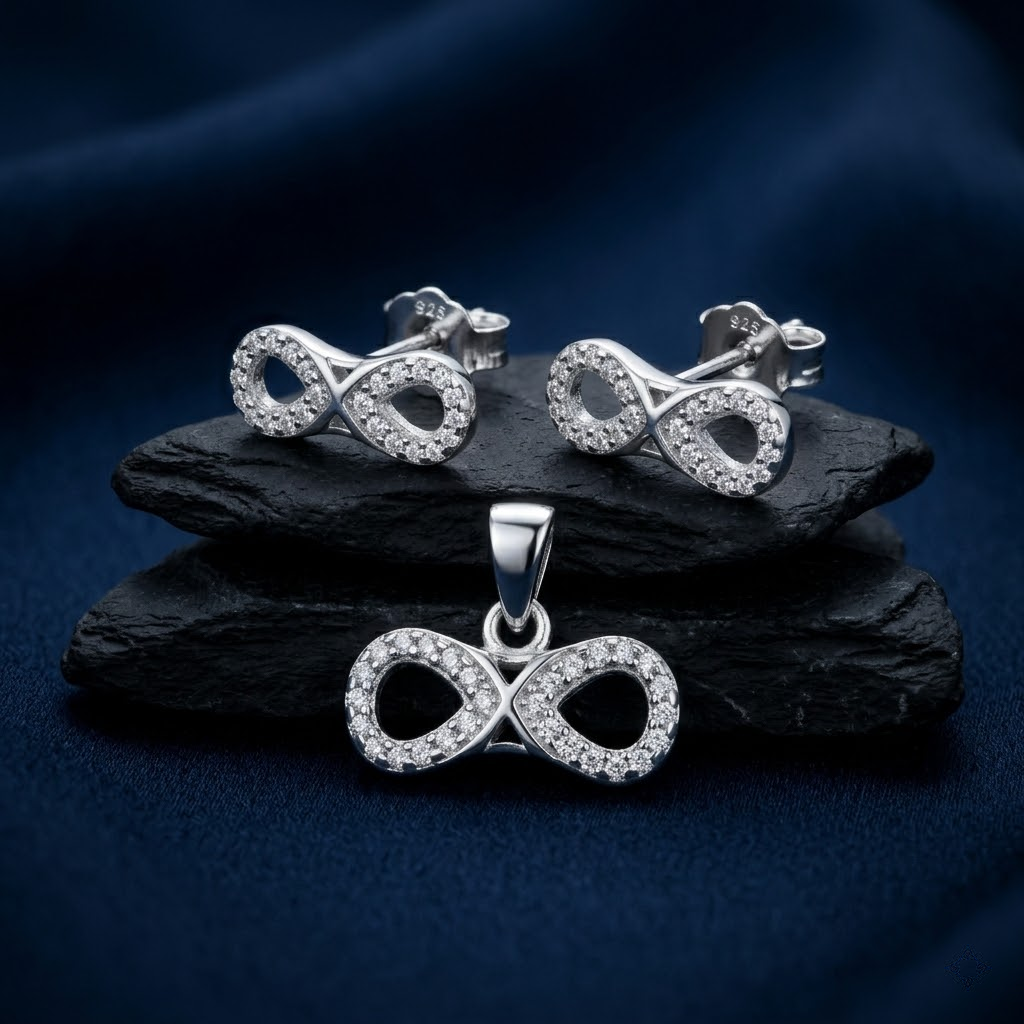 Infinity 925 sterling silver pendant and stud earrings jewellery set with cubic zirconia by Silvme â€” pendant close-up