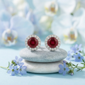 Red Round Halo Stud Earrings, additional product view 3