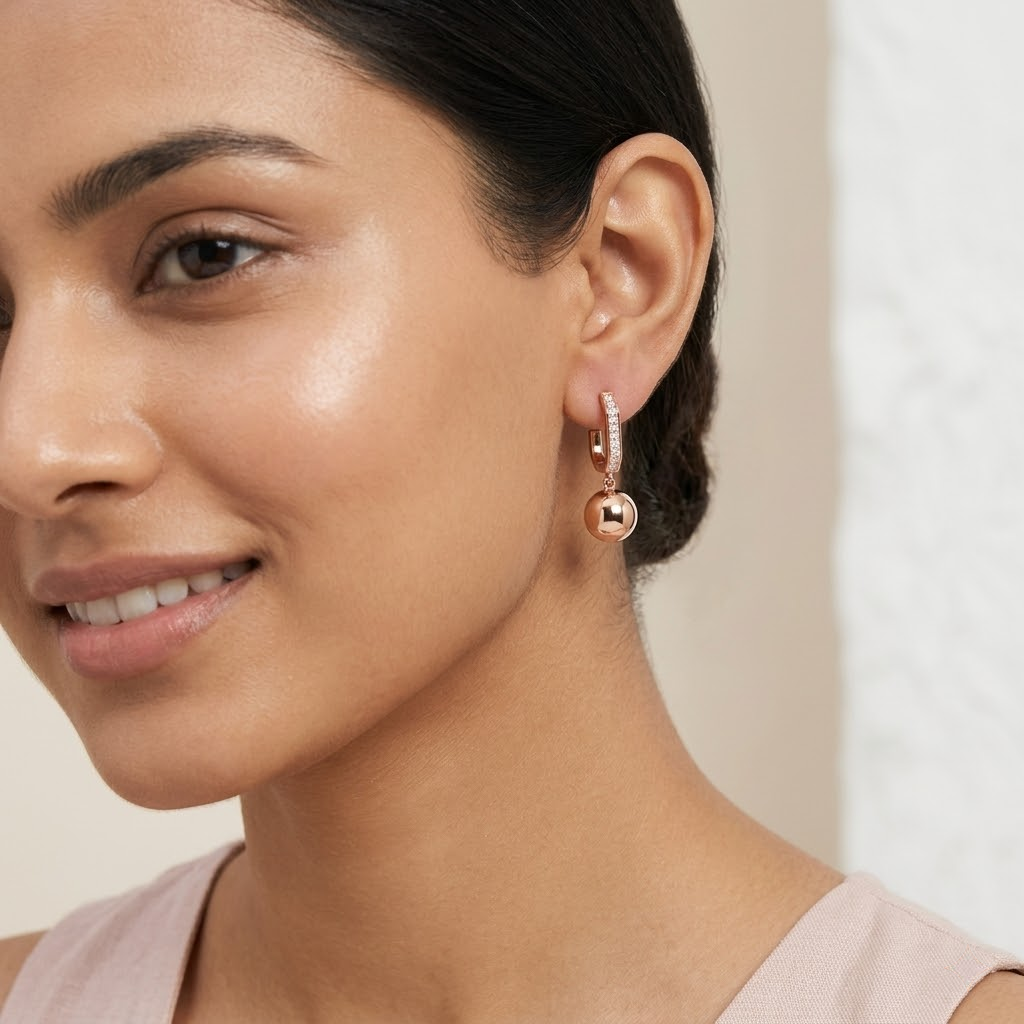 Rose Gold Channel Huggie Ball Drop Earrings, additional product view 5