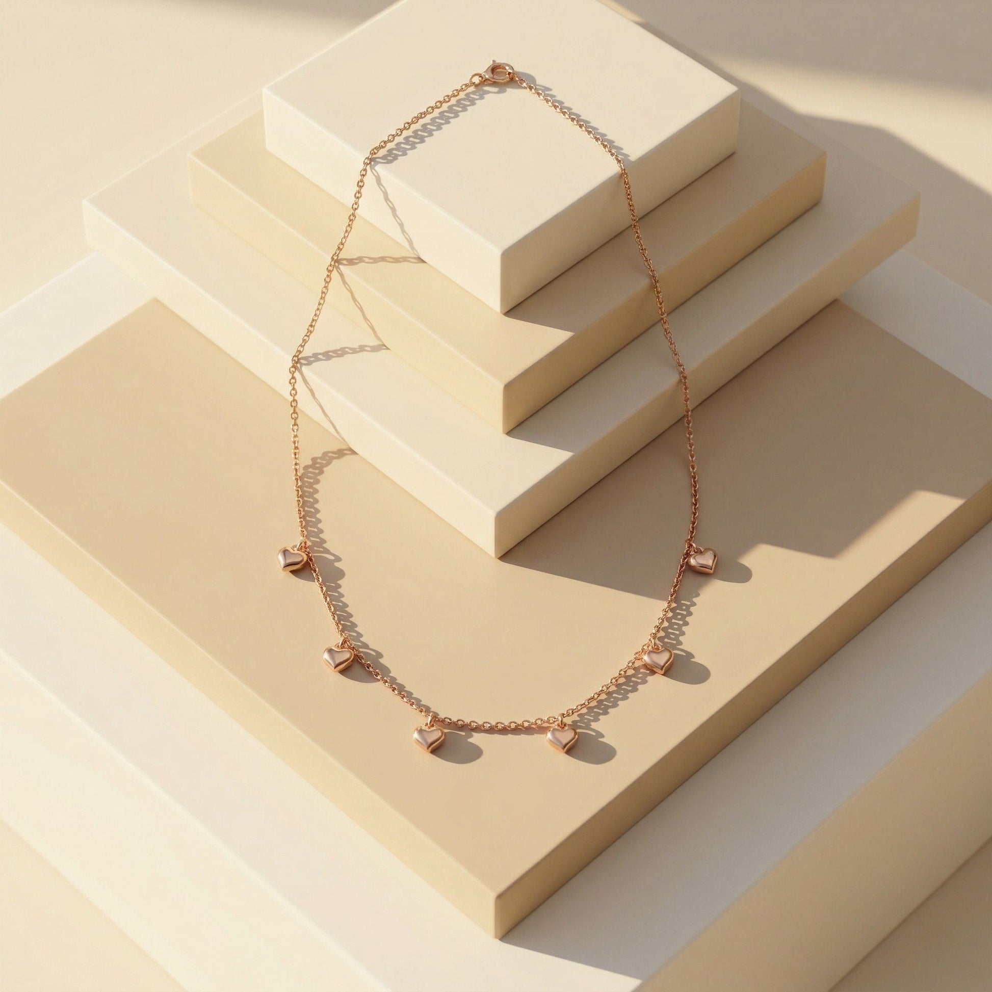 Rose Gold design detail on the Silvme Rose Gold Heart Dangle Pendant Necklace, crafted in polished 925 sterling silver