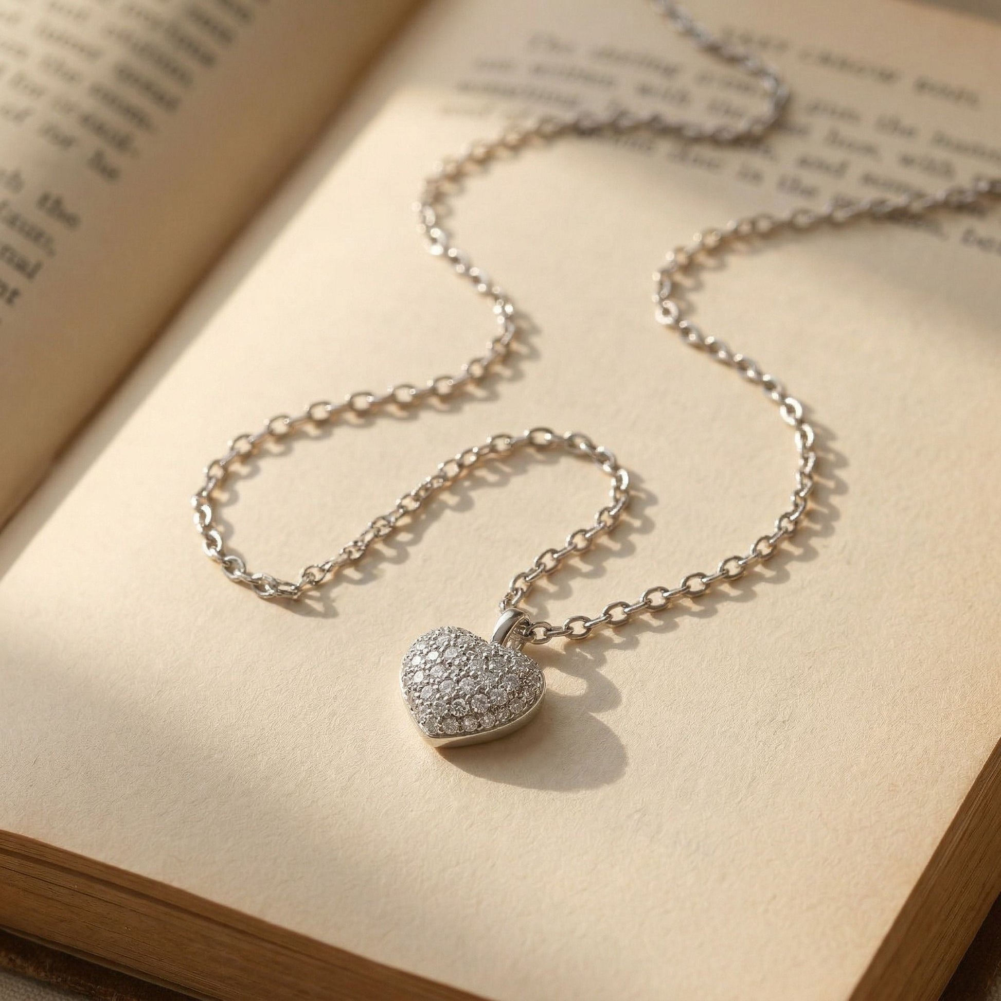 Detailed sparkle heart styling on the Silvme Sparkle Heart Pendant Necklace in polished 925 sterling silver