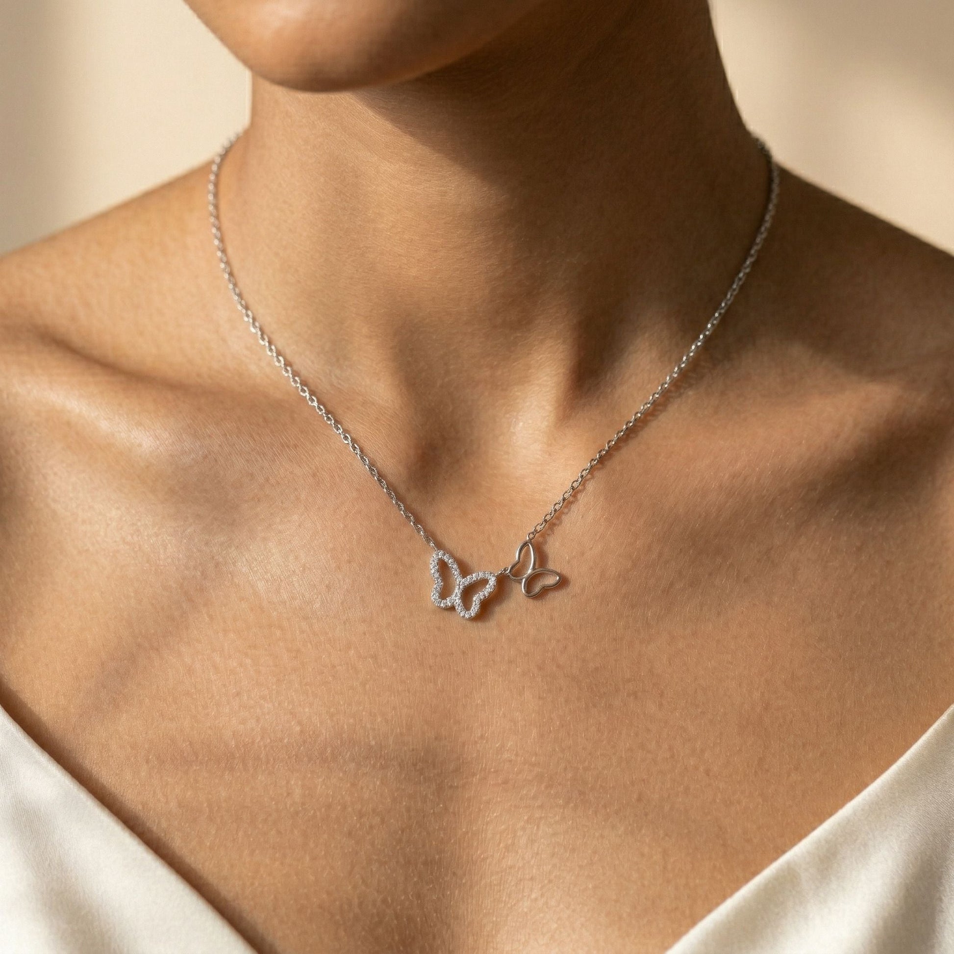 Silvme Double Butterfly Pendant Necklace with its softly polished 925 sterling silver surface
