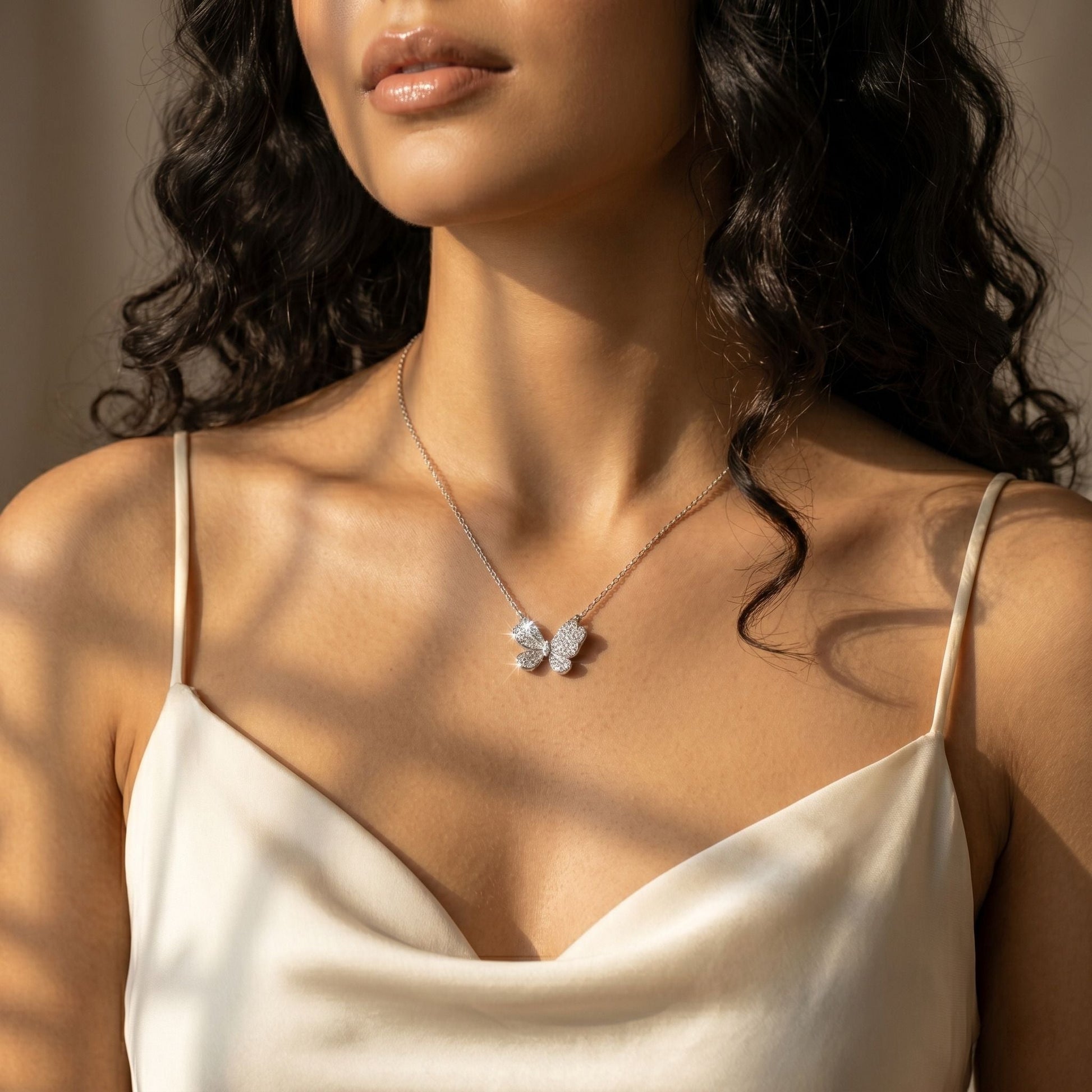 Silvme Sparkling Butterfly Pendant Necklace in 925 silver, styled for bridal wear, a graceful gift for her