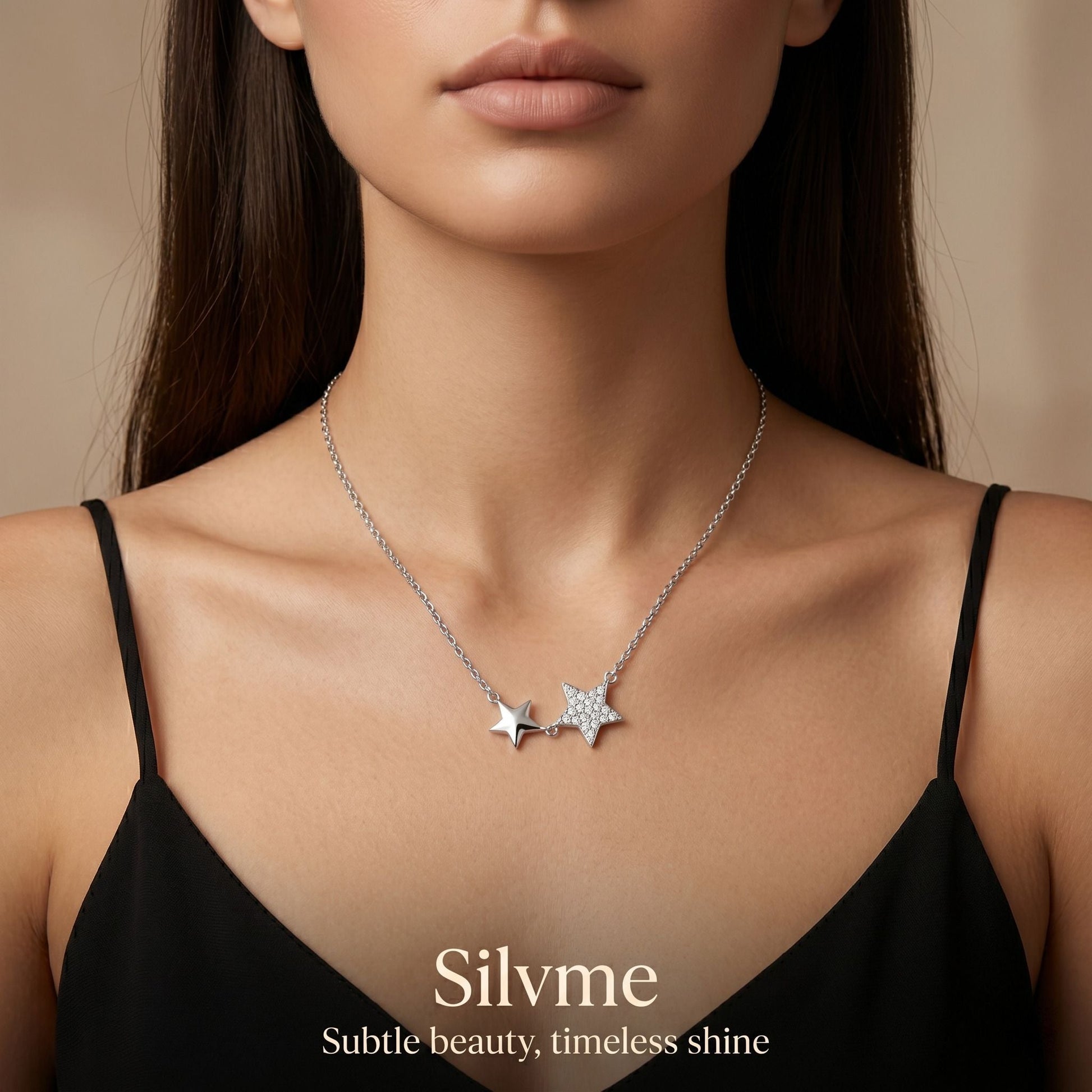 Double Star design detail on the Silvme Double Star Pendant Necklace, crafted in polished 925 sterling silver
