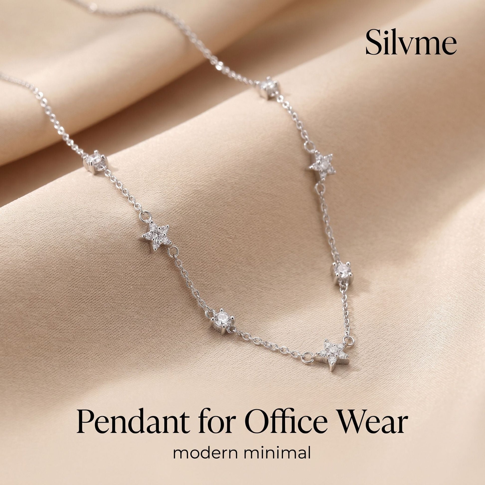Detailed star station styling on the Silvme Star Station Pendant Necklace in polished 925 sterling silver