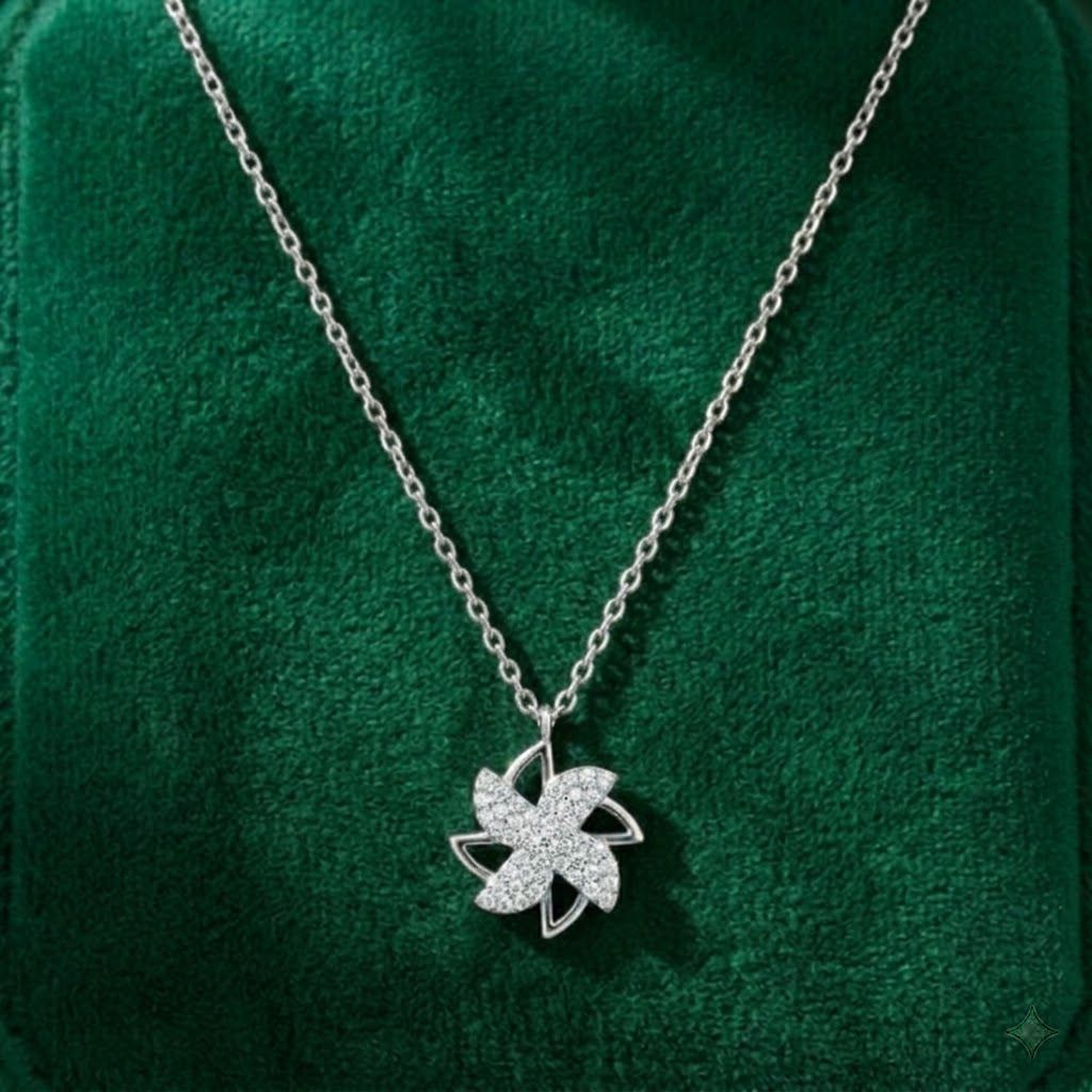 Pinwheel Flower design detail on the Silvme Pinwheel Flower Pendant Necklace, crafted in polished 925 silver