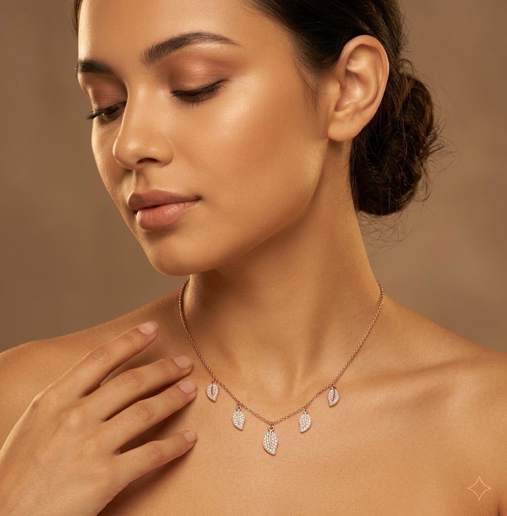 Silvme Rose Gold Leaf Dangle Pendant Necklace showcasing its rose gold design in 925 sterling silver
