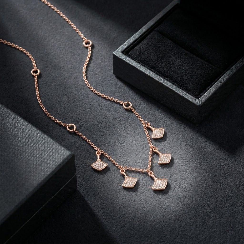 Rose Gold design detail on the Silvme Rose Gold Multi Fan Pendant Necklace, crafted in polished 925 silver