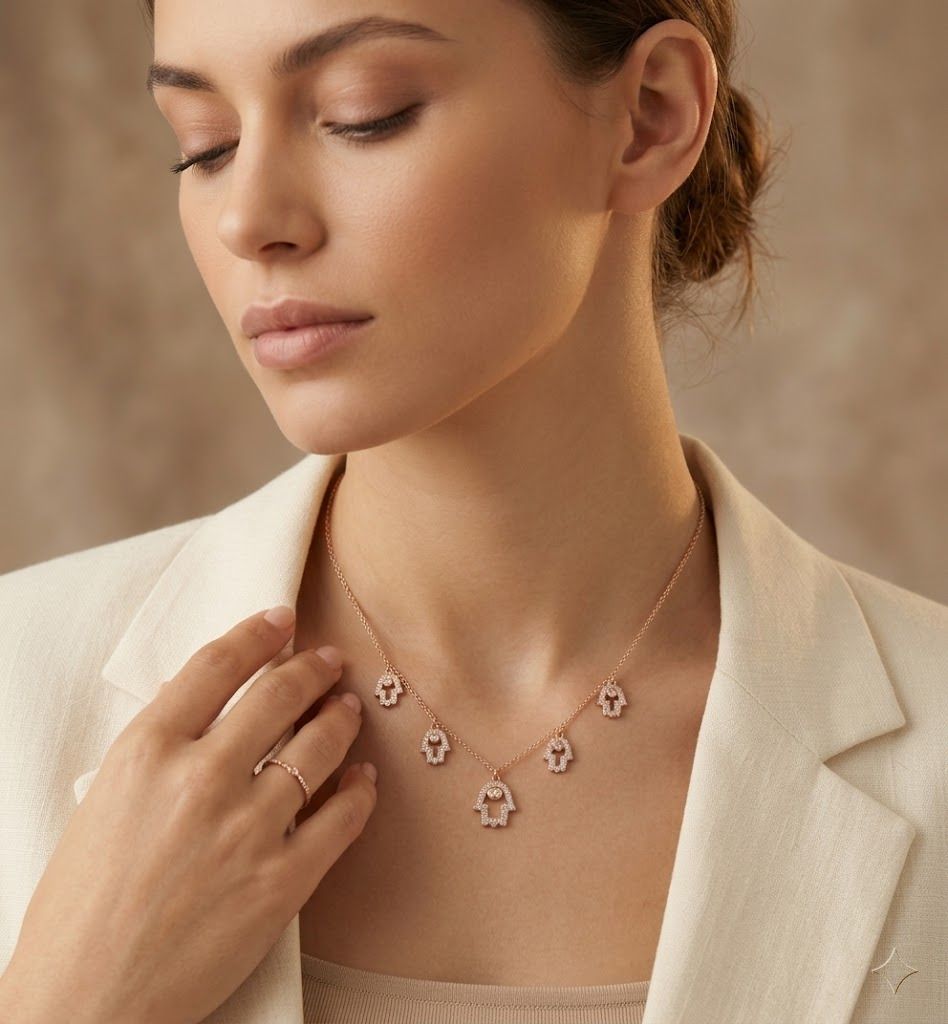 925 sterling silver Rose Gold Hamsa Hand Pendant Necklace by Silvme, well suited as a birthday gift for women