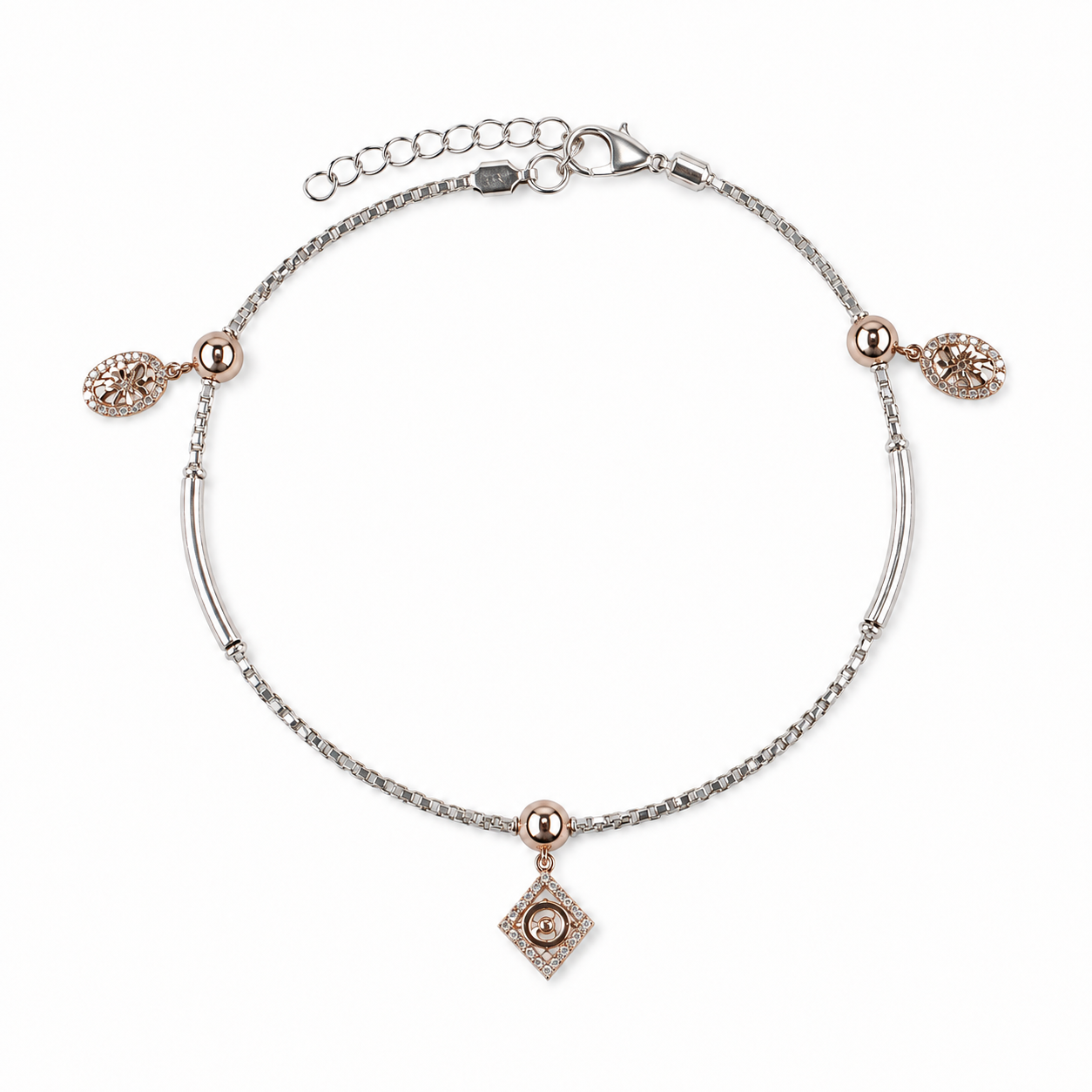 Additional detail view of the Silvme rose-gold CZ charm 925 silver anklet payal (7)