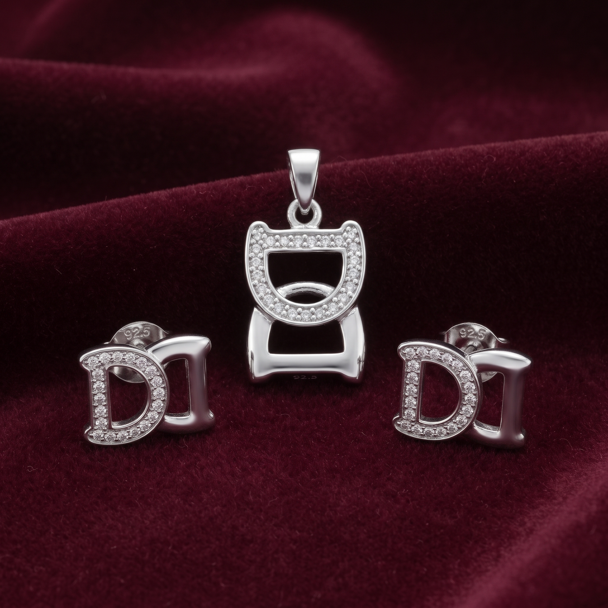 Silvme pure 925 sterling silver initial d pendant necklace and stud earrings set with cubic zirconia, model styling view