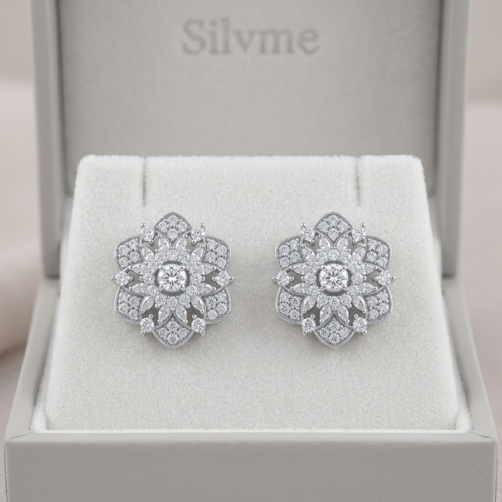 Silvme Pure 925 Sterling Silver Ornate Floral Snowflake Stud Earrings — View 7