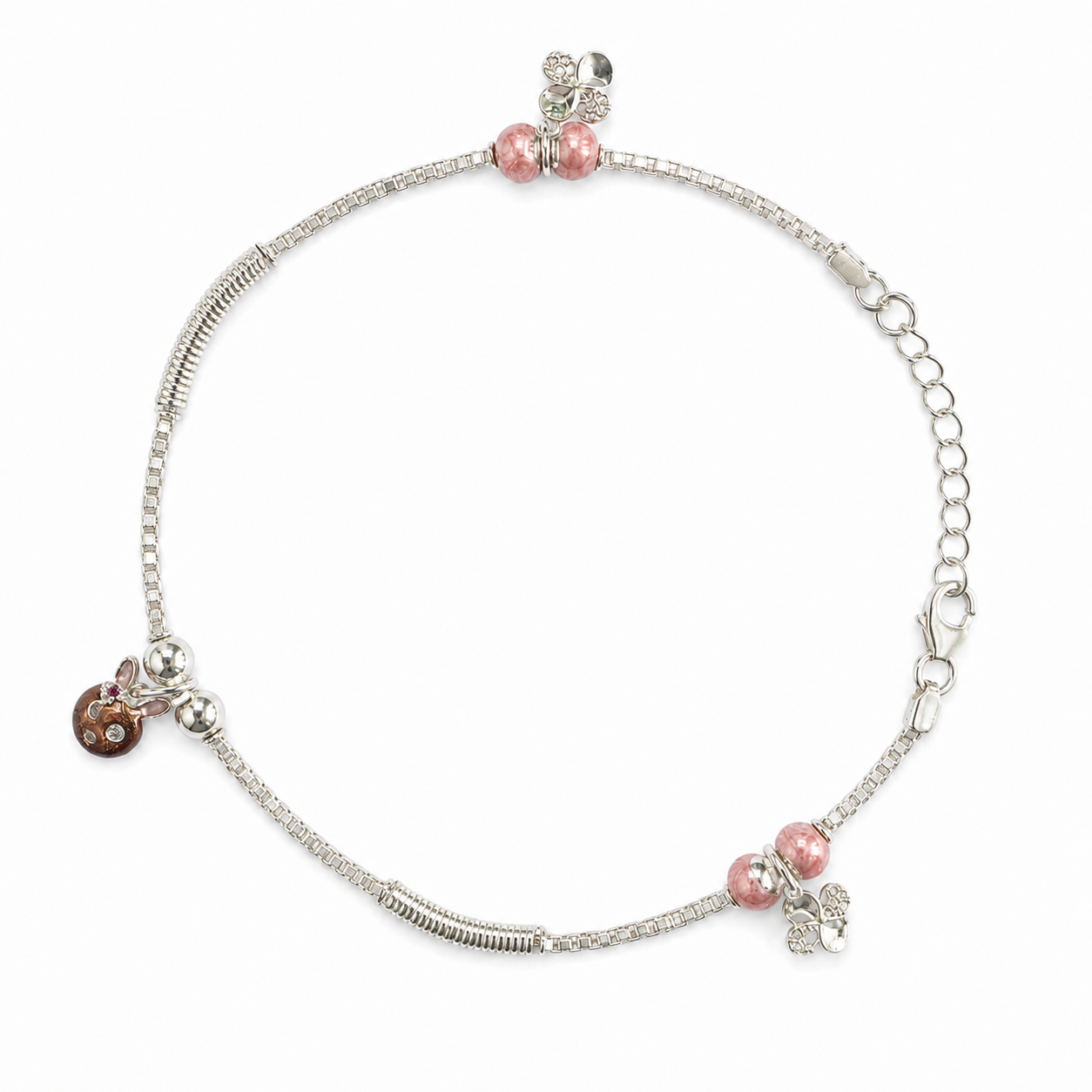 Silvme 925 sterling silver pink bead & rose-gold floral anklet with pink beads and rose-gold floral CZ charms, white background full view