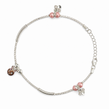 Silvme 925 sterling silver pink bead & rose-gold floral anklet with pink beads and rose-gold floral CZ charms, white background full view