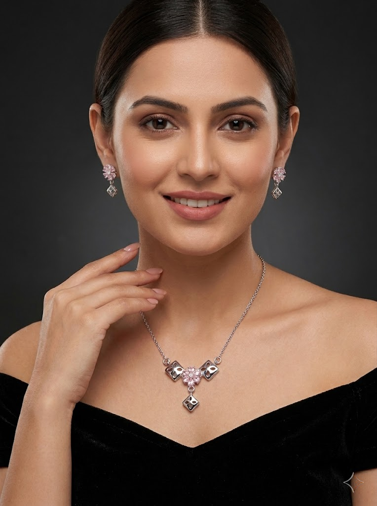 Geometric Pink 925 sterling silver pendant necklace and stud earrings jewellery set with pink cubic zirconia by Silvme â€” angled view