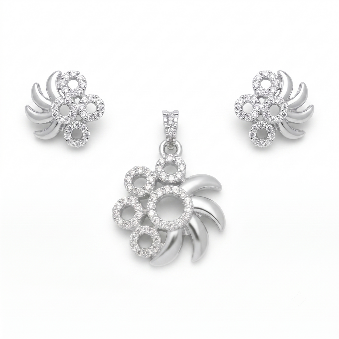 Silvme pure 925 sterling silver pinwheel pendant and stud earrings set with cubic zirconia, styled product image