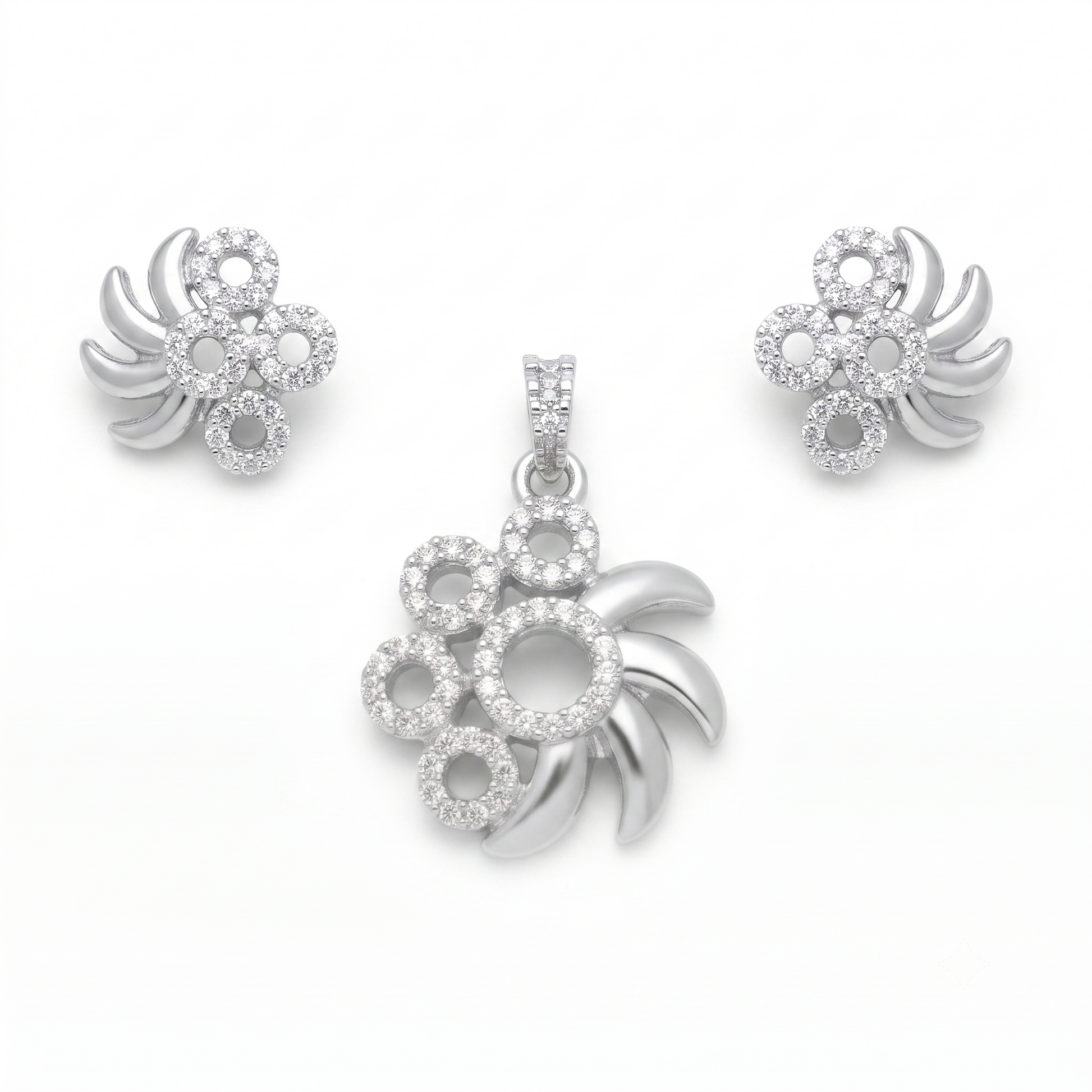 Silvme pure 925 sterling silver pinwheel pendant and stud earrings set with cubic zirconia, styled product image