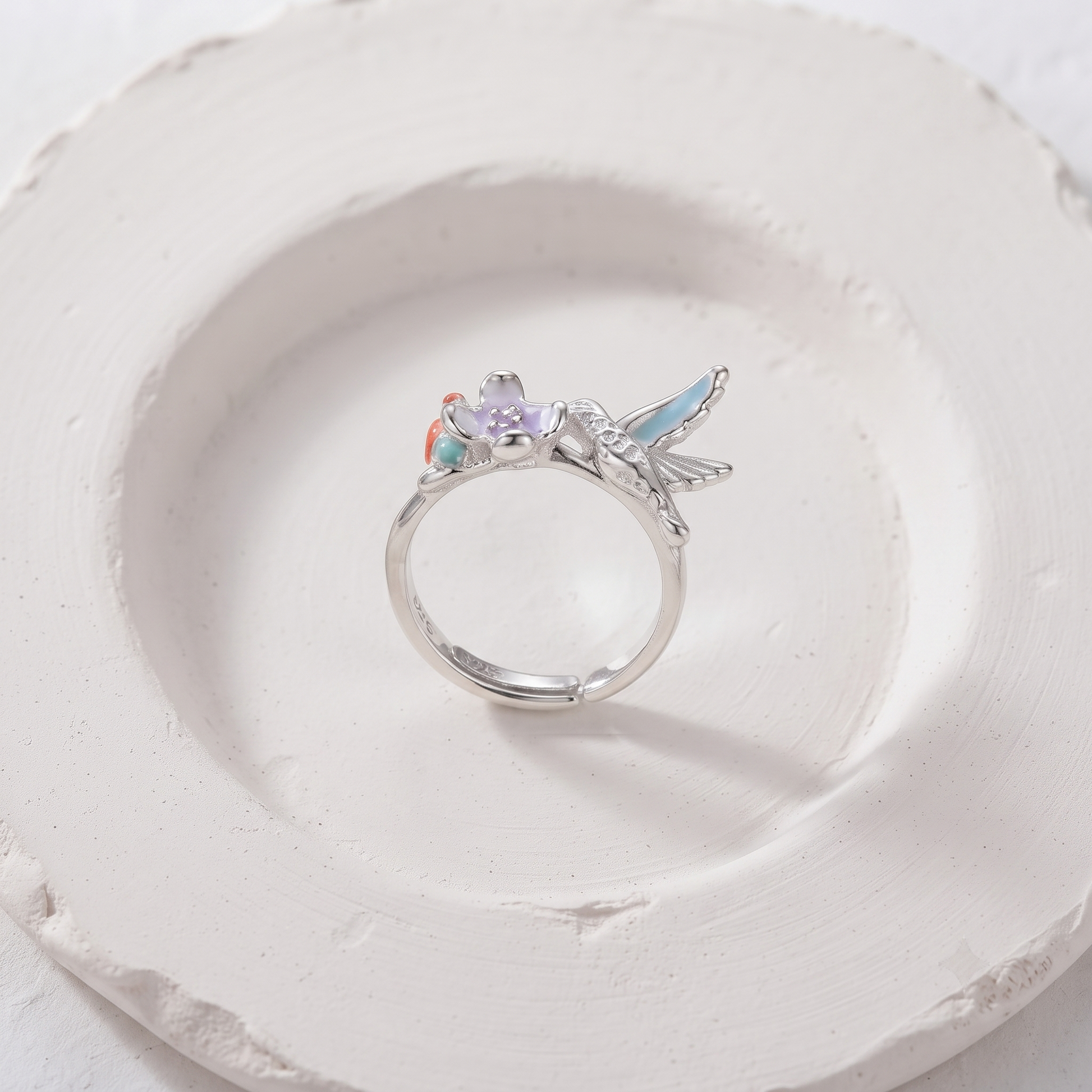 Hummingbird flower ring for women in genuine 92.5% pure 925 sterling silver with a high-polish finish
