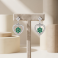 Green Floral Heart Drop 925 silver drop stud earrings for women, evening wear, further studio view