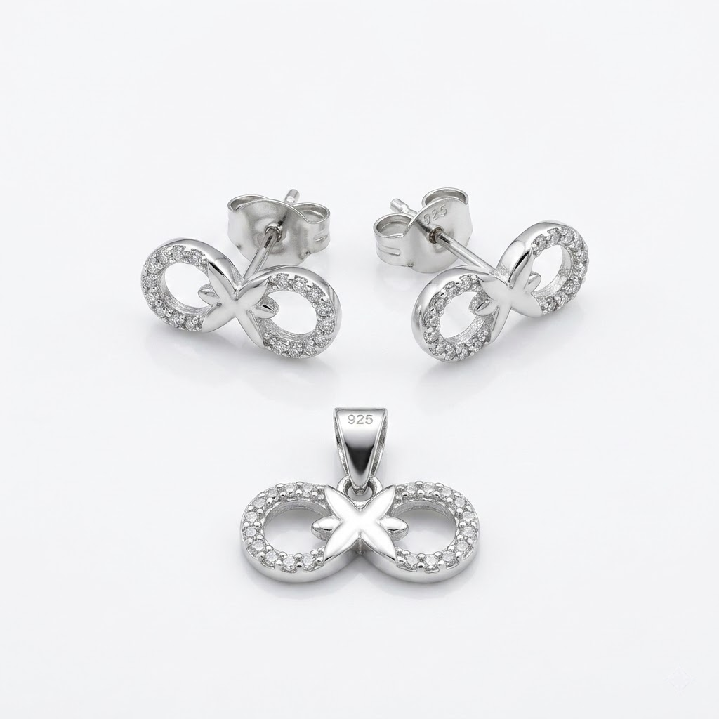 Silvme pure 925 sterling silver ribbon bow pendant and stud earrings set with cubic zirconia, front view on white background