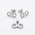 Silvme pure 925 sterling silver ribbon bow pendant and stud earrings set with cubic zirconia, front view on white background