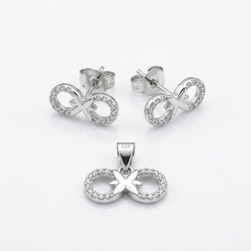 Silvme pure 925 sterling silver ribbon bow pendant and stud earrings set with cubic zirconia, front view on white background