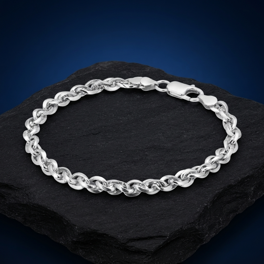 Full length of the twisted rope chain bracelet showing its polished silver-tone finish