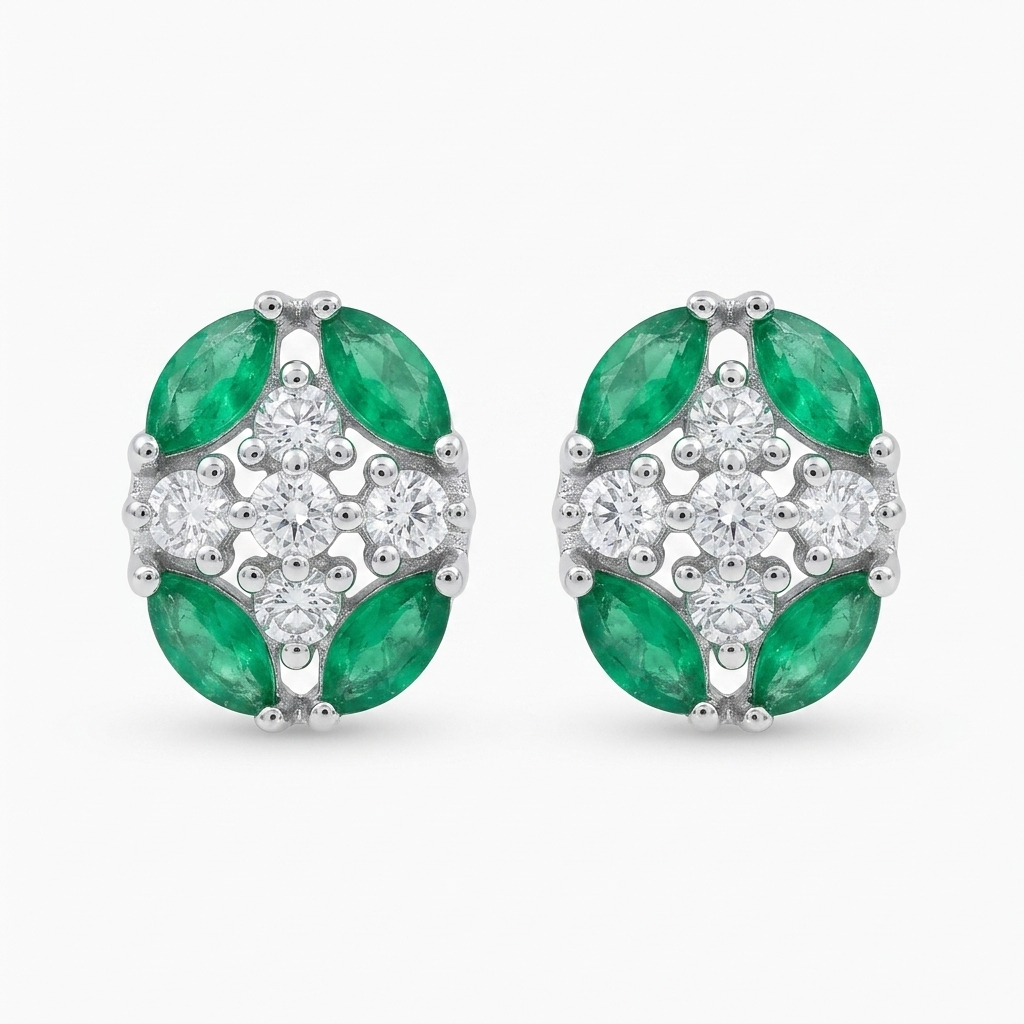 Green Oval Floral Cluster Stud Earrings, front product view