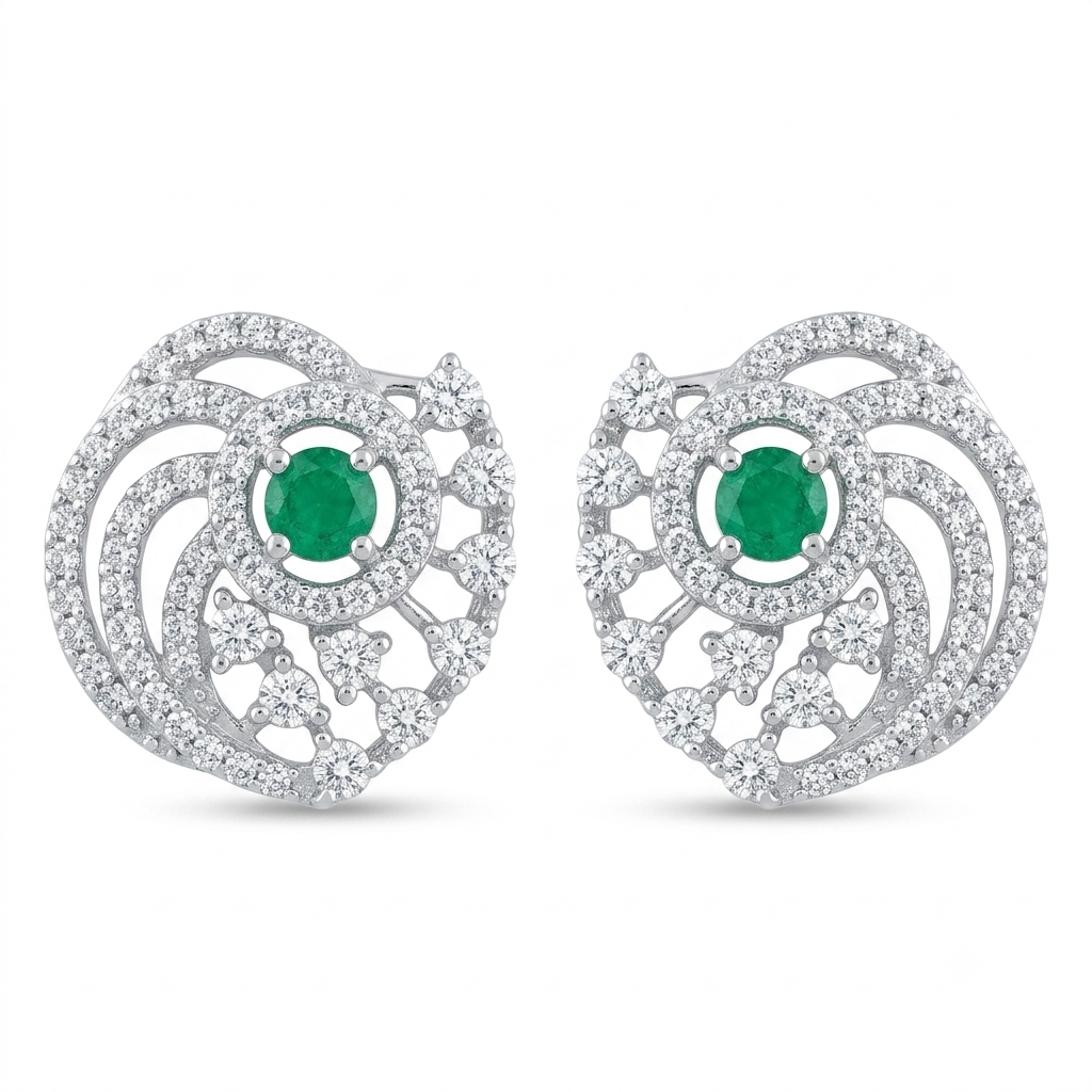 Green Spiral Floral Stud Earrings, front product view