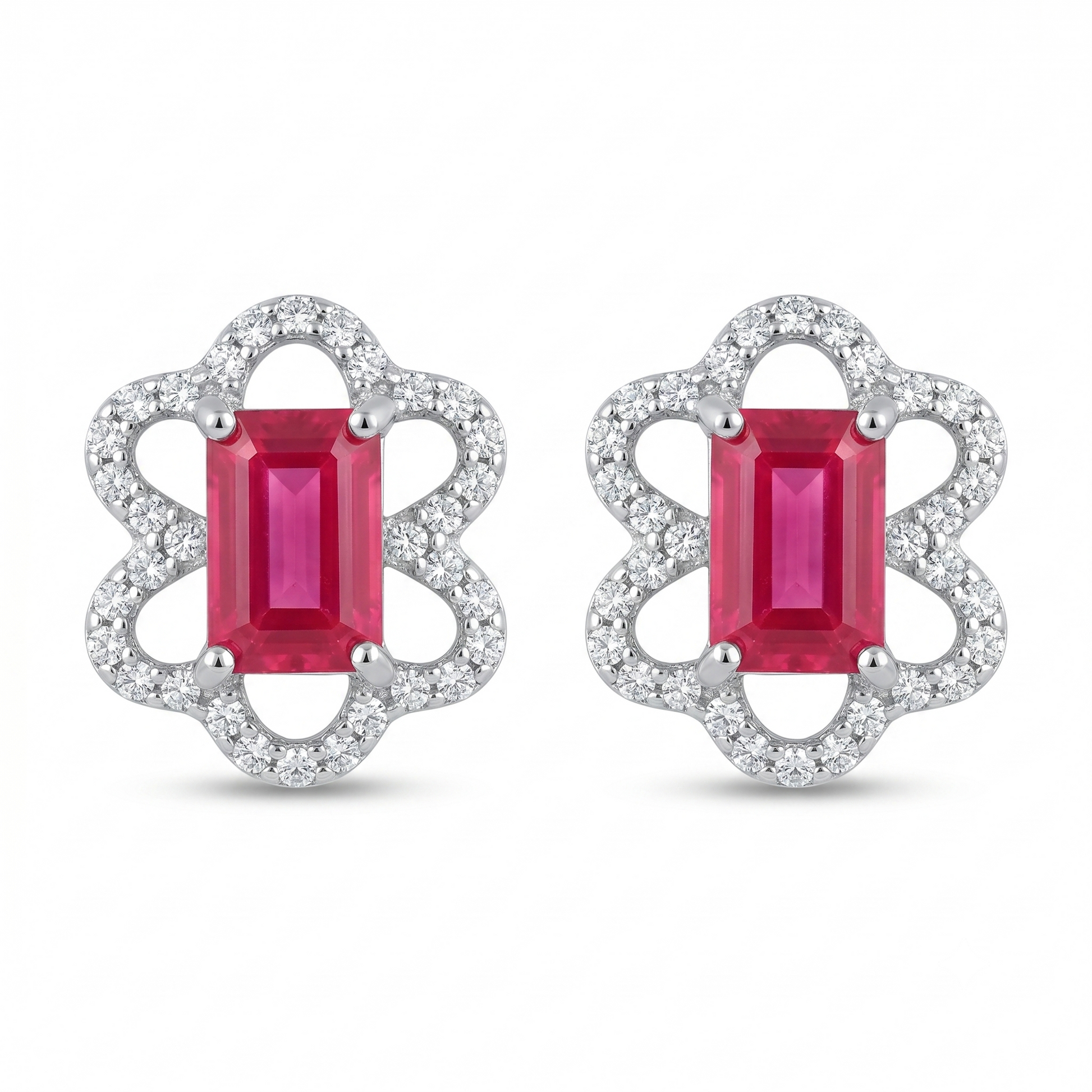 Pink Baguette Floral-Frame Stud Earrings, front product view