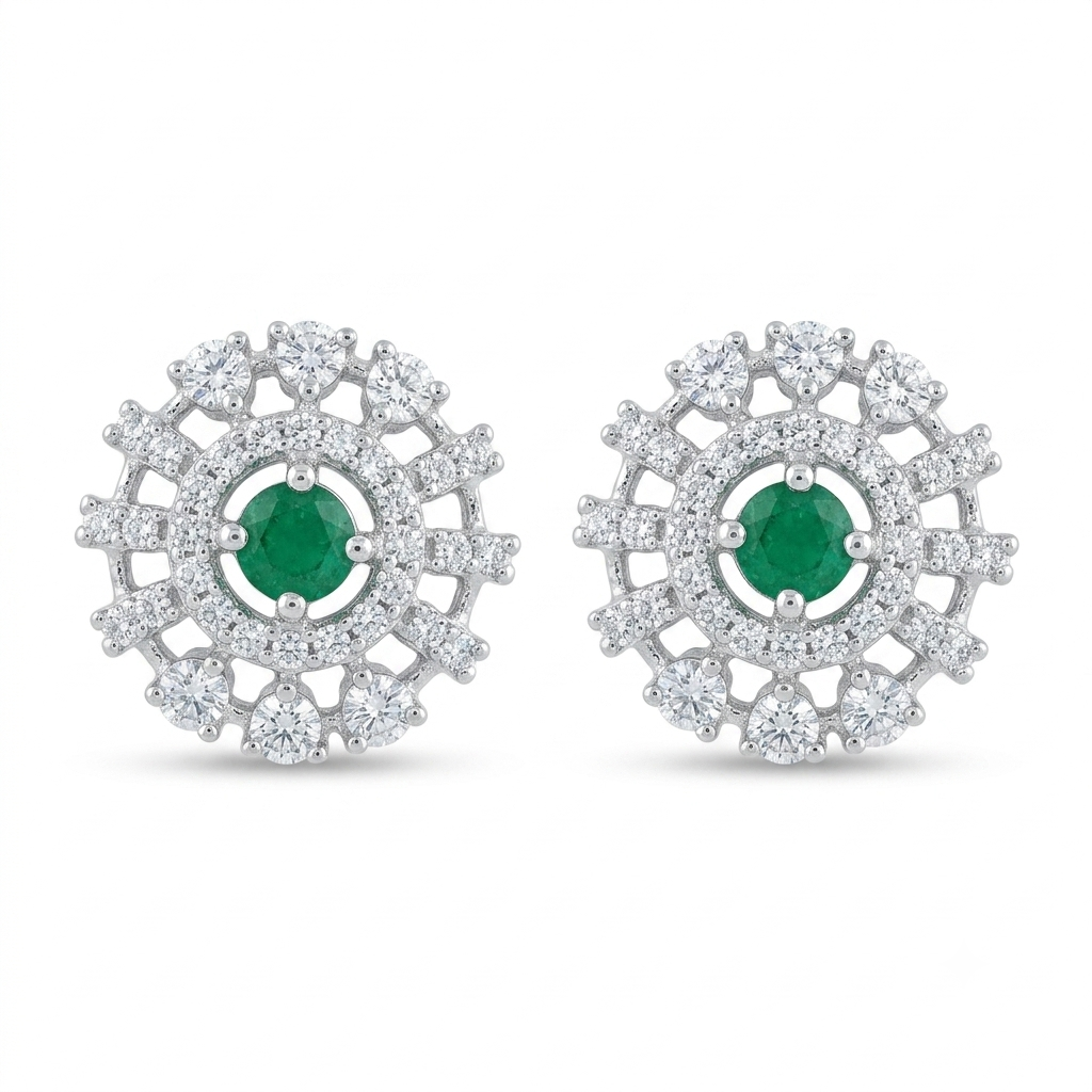 Green Round Sunburst Stud Earrings, front product view