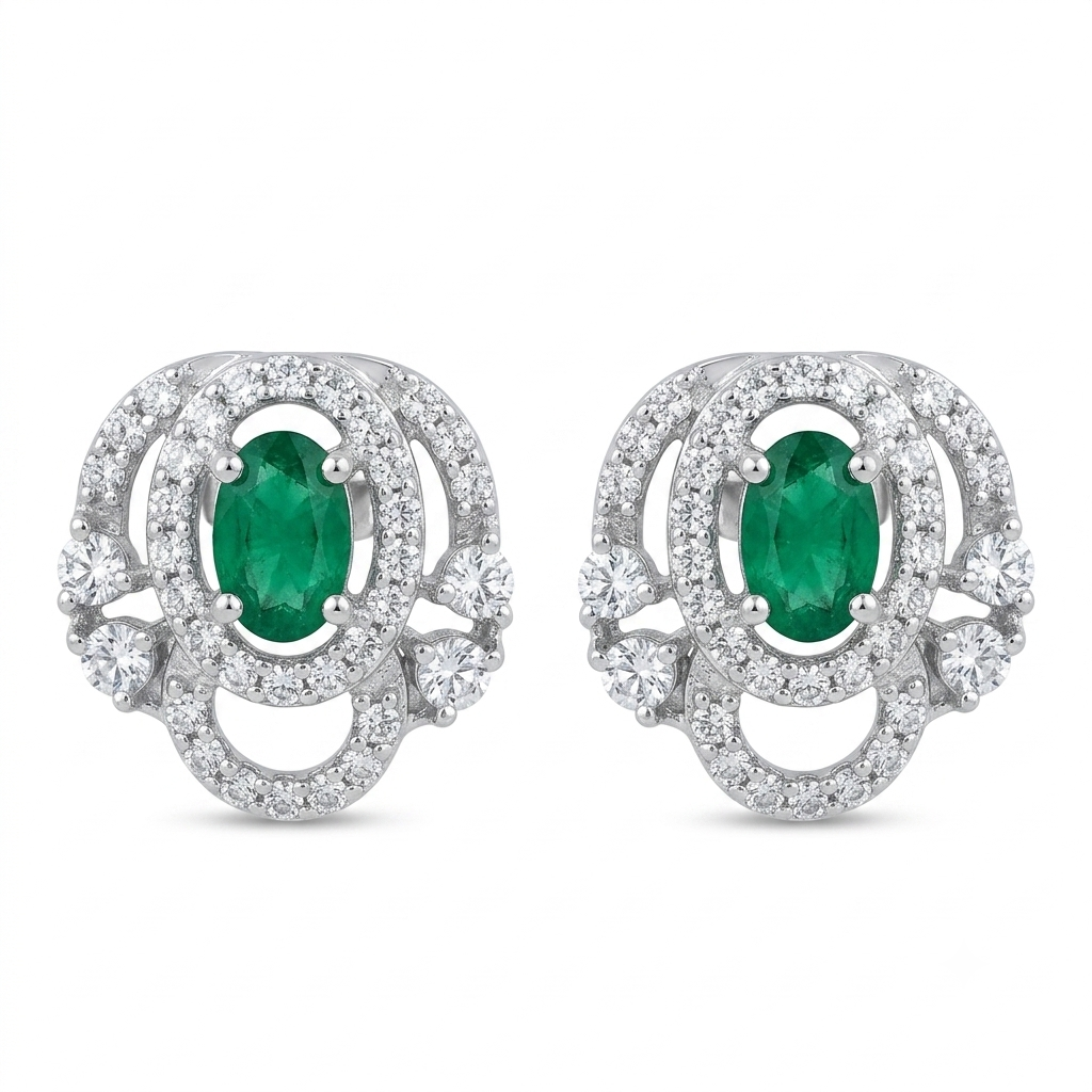 Green Oval Halo Stone-Set Stud Earrings, front product view