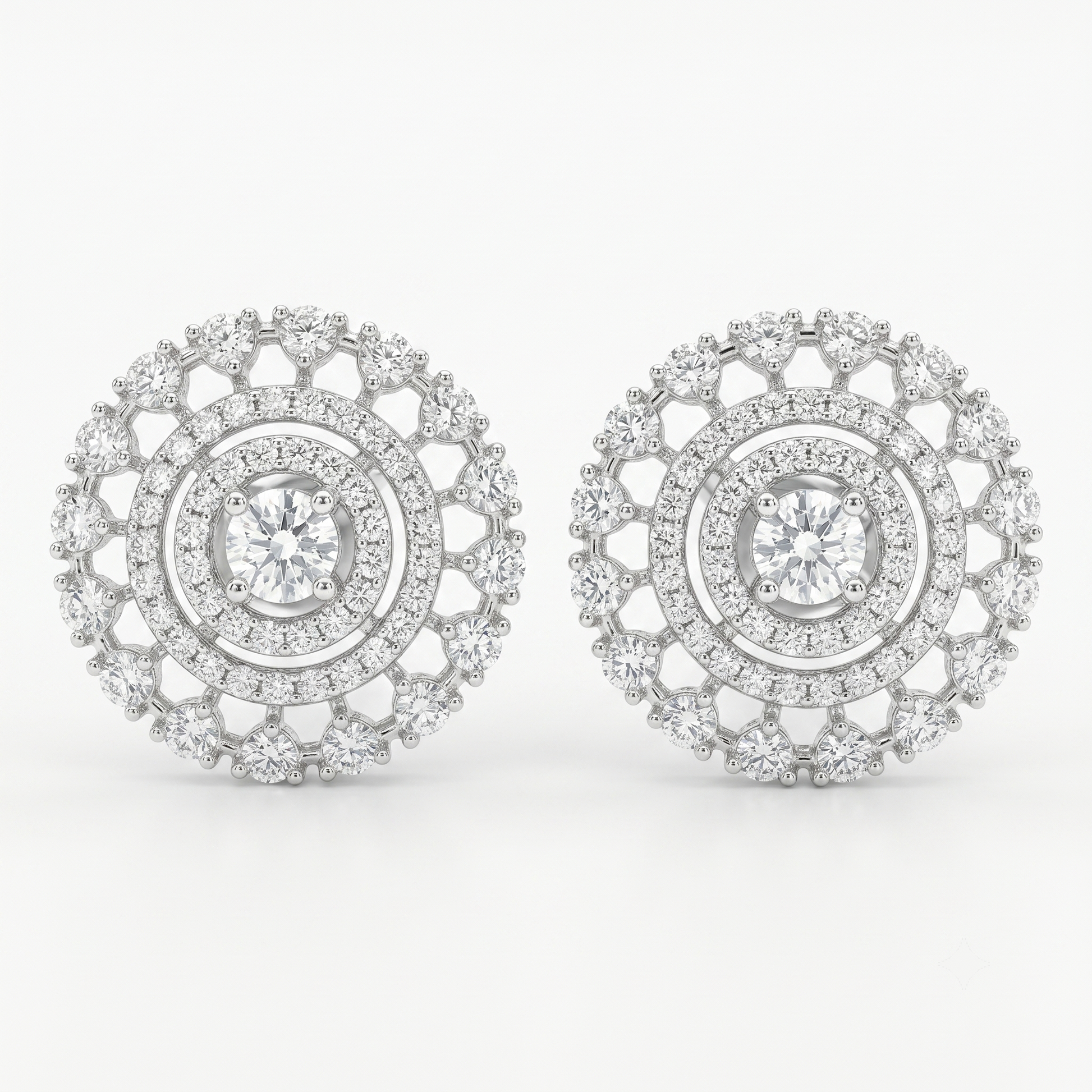 Round Double-Halo Stone-Set Stud Earrings, front product view