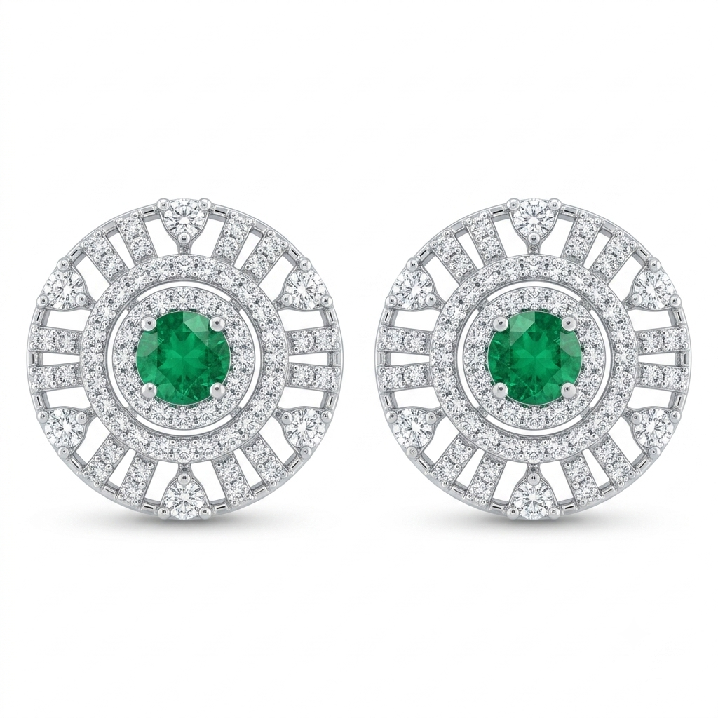 Green Round Halo Stone-Set Stud Earrings, front product view