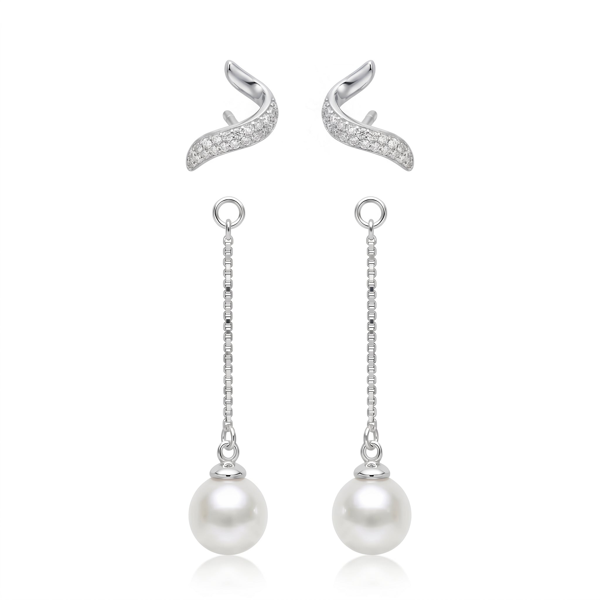 Silvme Pure 925 Sterling Silver Convertible Pearl Drop Wavy Stud Earrings — View 5