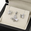 Pink Butterfly 925 sterling silver pendant and stud earrings jewellery set with pink cubic zirconia by Silvme â€” pendant close-up