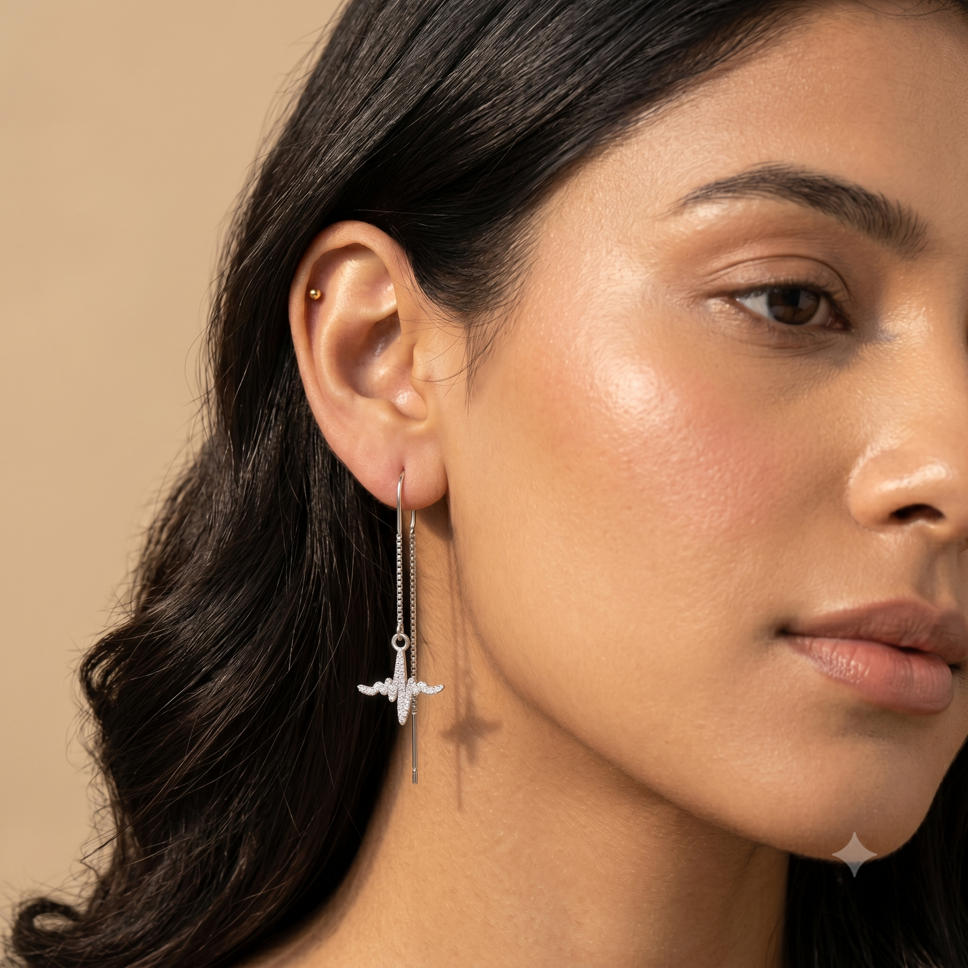 Heartbeat Pulse Wave Stone-Set Threader Earrings, additional product view 4