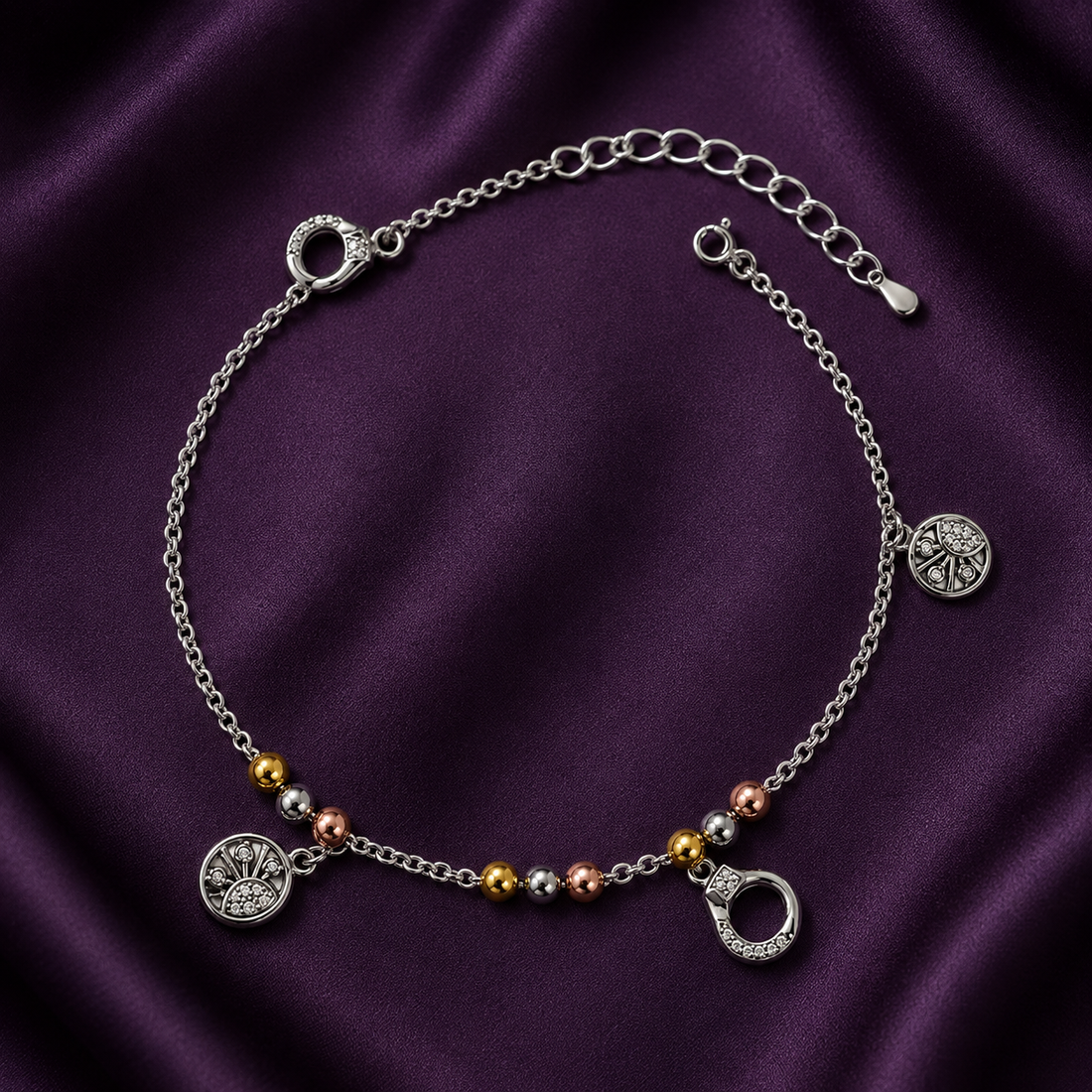 Silvme 925 sterling silver tree of life tri-tone charm anklet with tri-tone tree-of-life discs and a CZ charm, white background full view