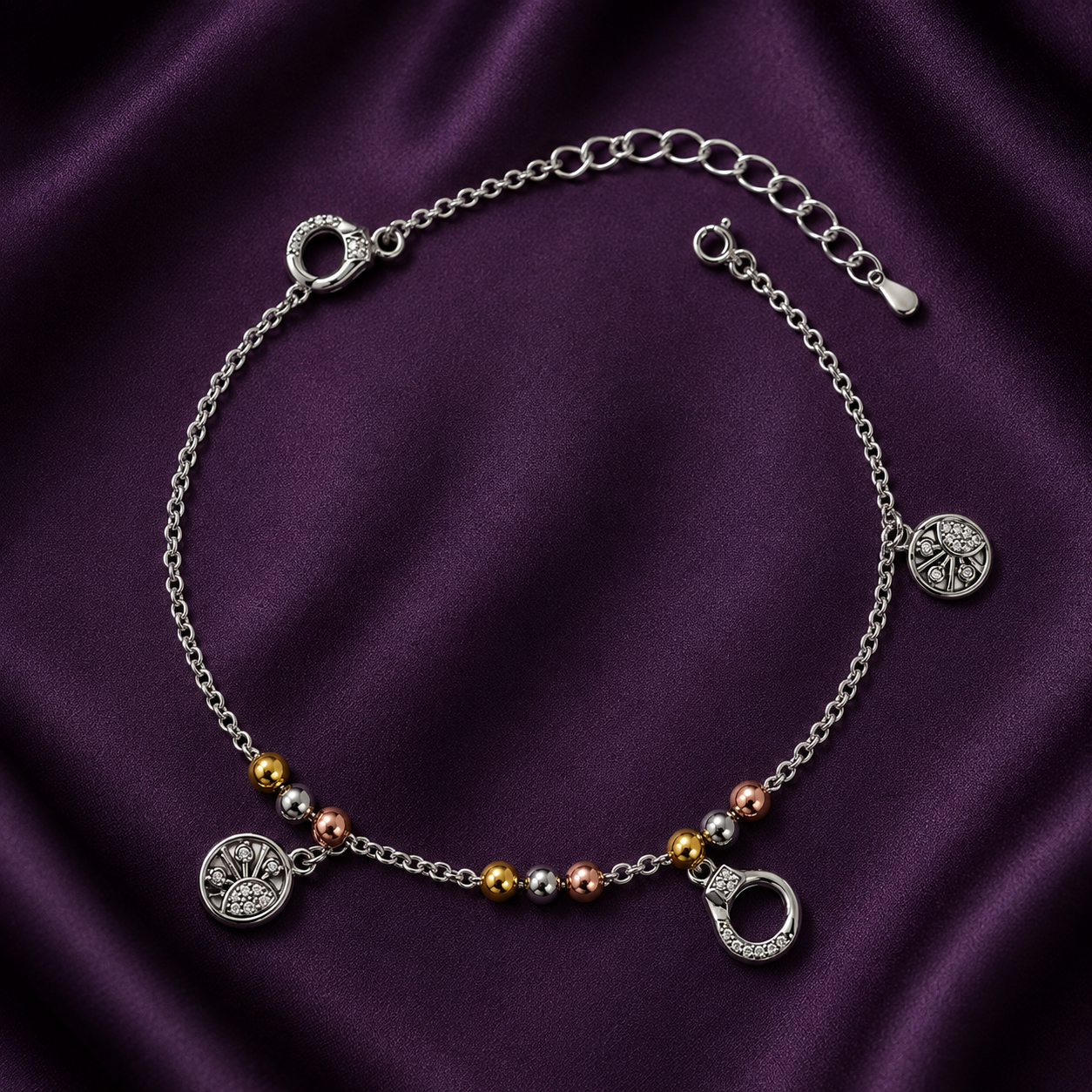 Silvme tree of life tri-tone charm 925 silver anklet with tri-tone tree-of-life discs and a CZ charm, full-length view