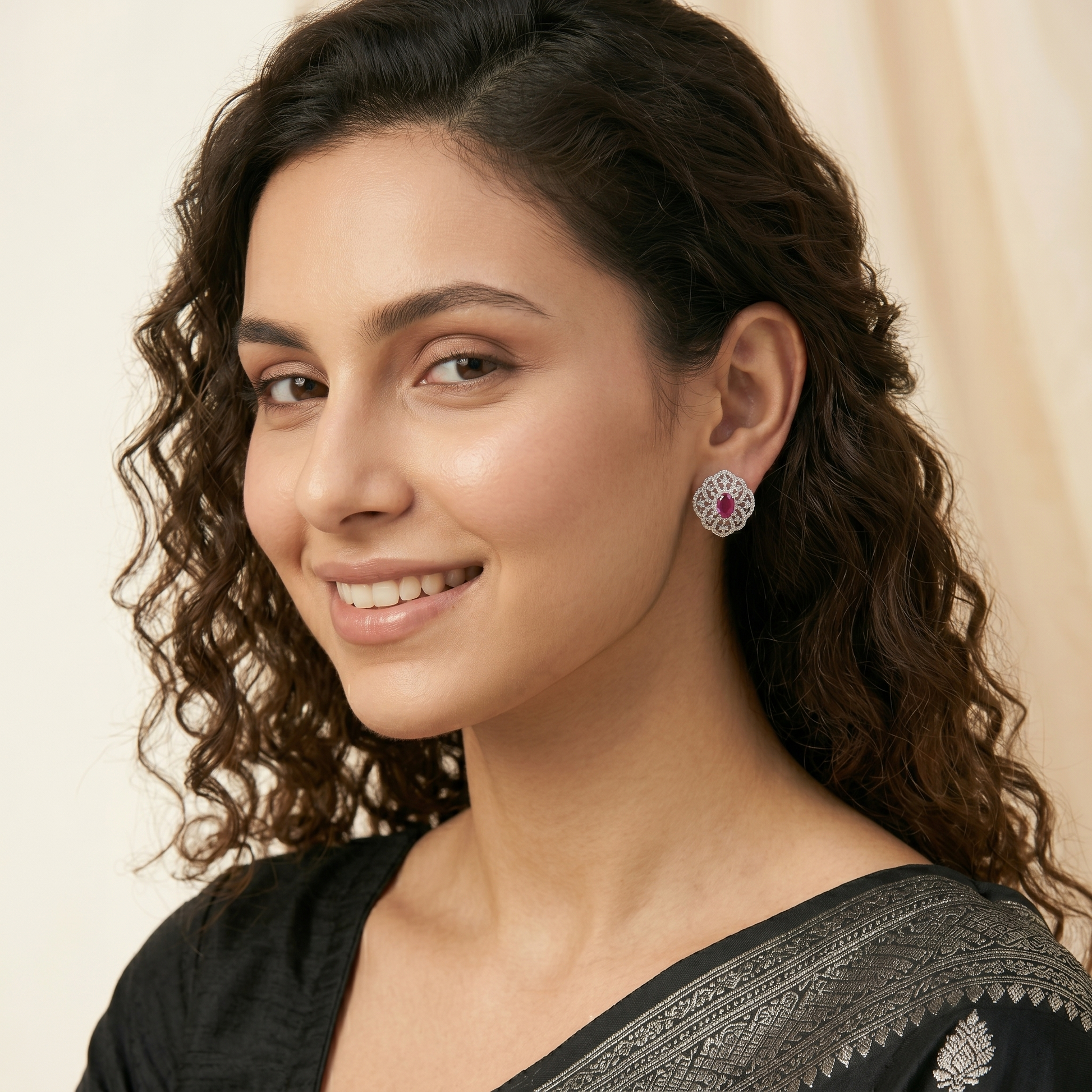 Pink Oval Filigree-Halo Stud Earrings, additional product view 6