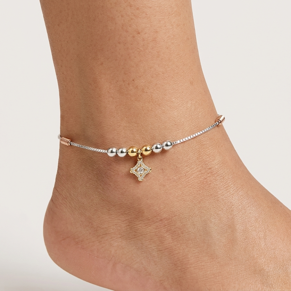 Charm, bead and chain detail on the Silvme delicate square CZ charm 925 silver anklet payal