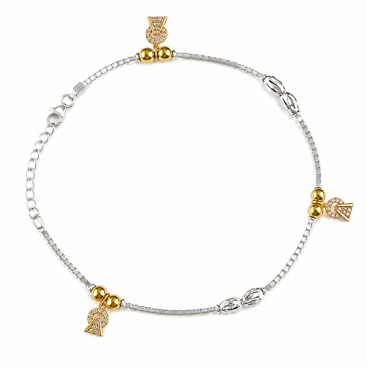 Silvme 925 sterling silver gold CZ charm anklet with a gold fan CZ charm and gold beads, white background full view