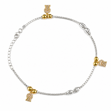 Silvme 925 sterling silver gold CZ charm anklet with a gold fan CZ charm and gold beads, white background full view
