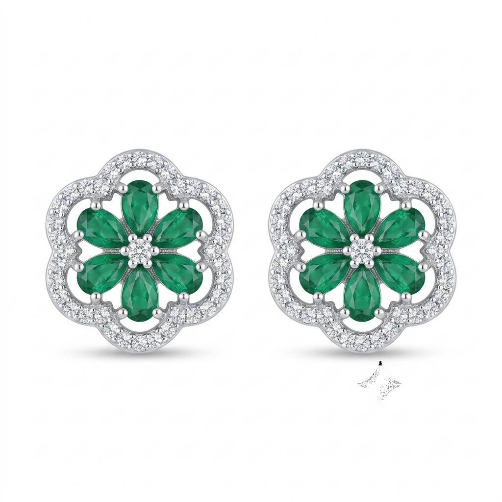 Green Four-Petal Floral Stud Earrings, front product view